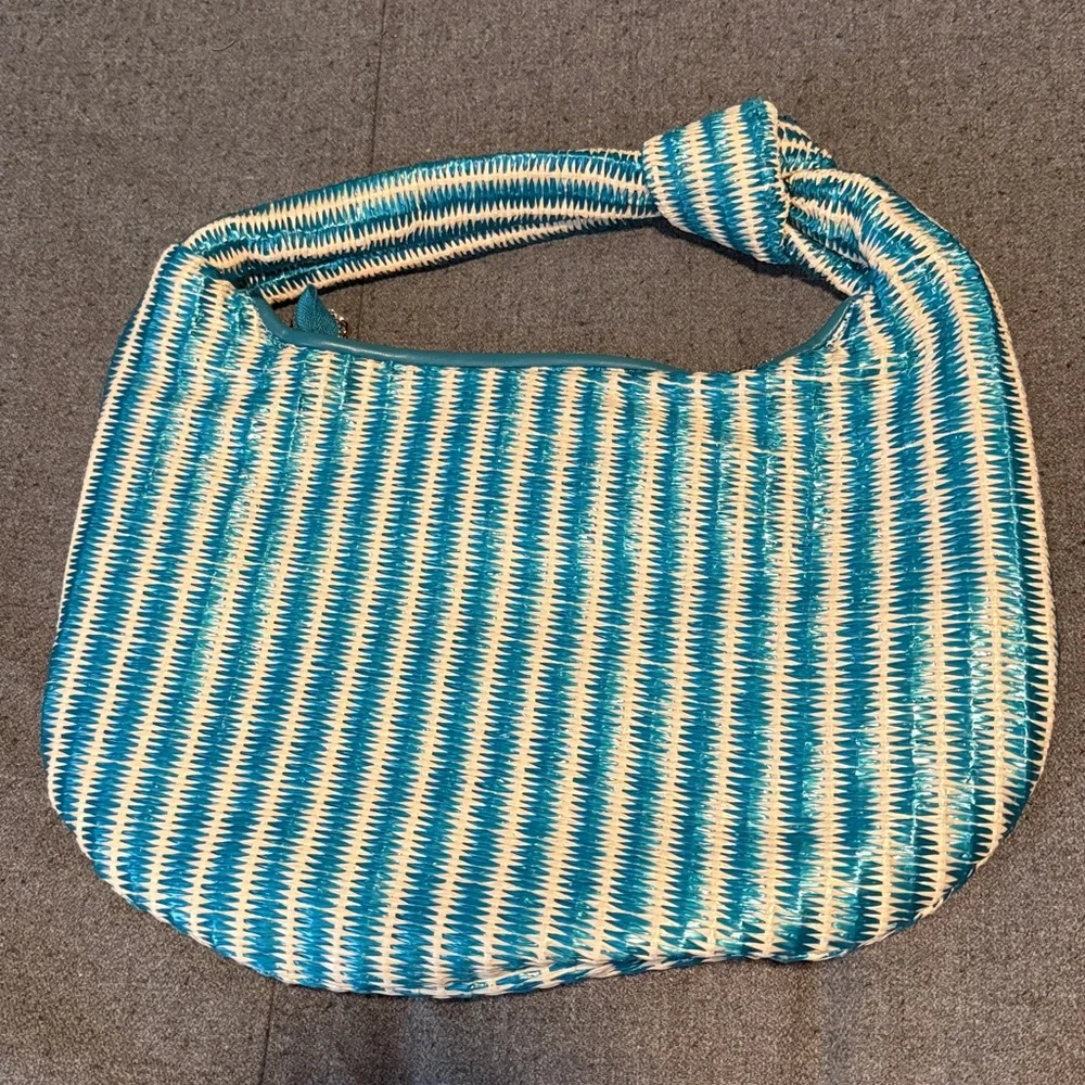 Melie Bianco Teal and White Woven Hobo Bag